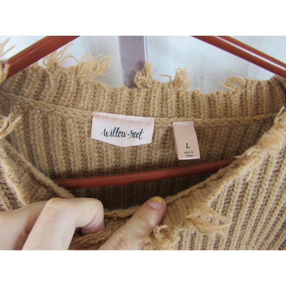 Willow + Root Women's Large Dark Taupe Metallic Destructed Knit Sweater Fringe - Picture 4 of 9
